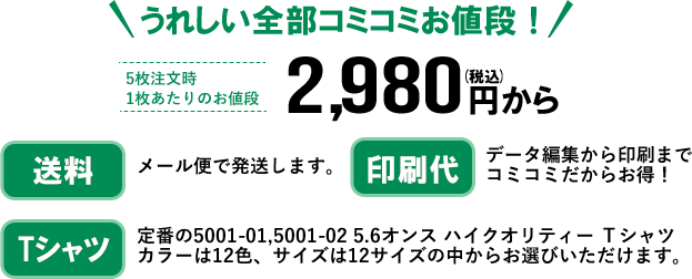 うれしい全部コミコミお値段!5枚注文で1枚あたり2,980円から